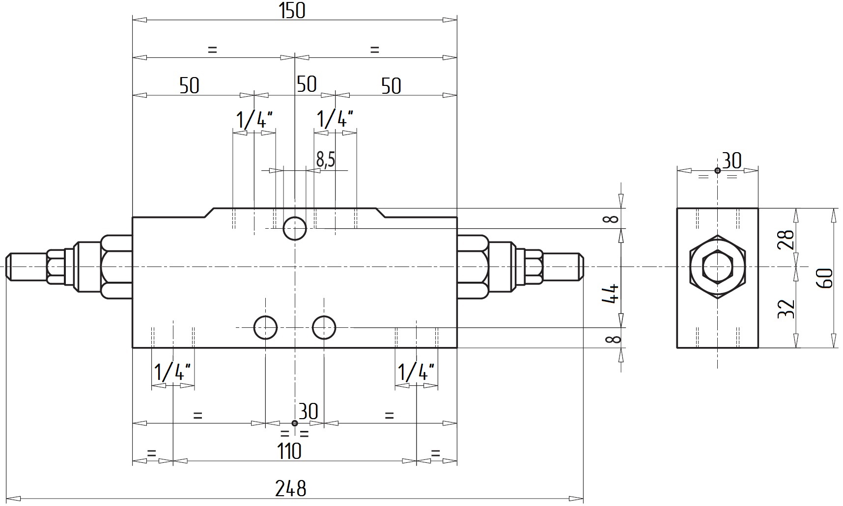 Габаритные размеры V0418-VBCD 1/4 DE/A Подпорно-тормозной клапан двусторонний