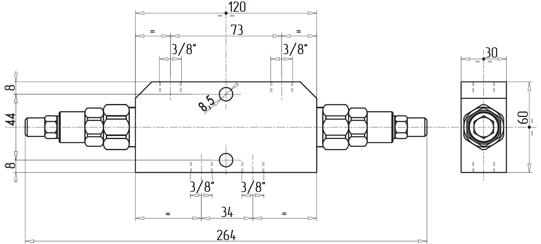 Габаритные размеры V0420-RP18-VBCD 3/8 DE RP 1:8 Подпорно-тормозной клапан двусторонний