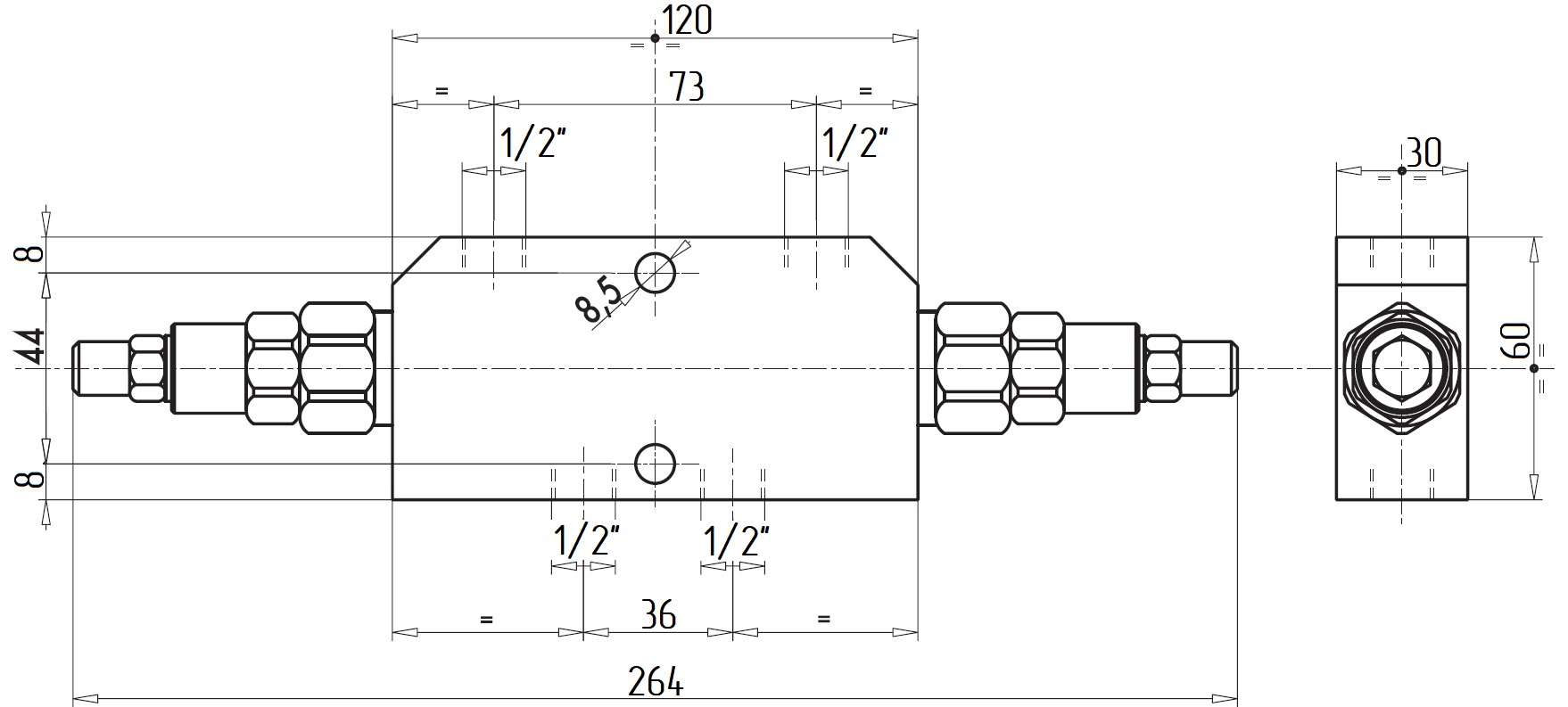 Габаритные размеры V0430/RP18-VBCD 1/2 DE RP 1:8 Подпорно-тормозной клапан двусторонний