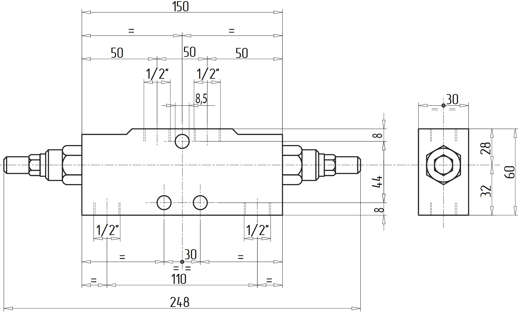 Габаритные размеры V0432-VBCD 1/2 DE/A Подпорно-тормозной клапан двусторонний