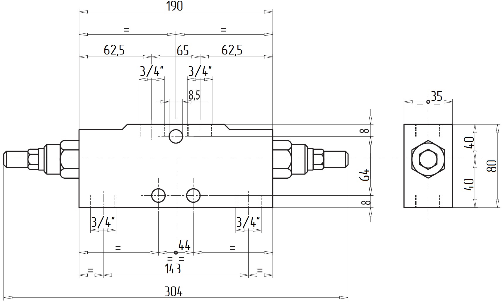Габаритные размеры V0435-VBCD 3/4 DE/A Подпорно-тормозной клапан двусторонний