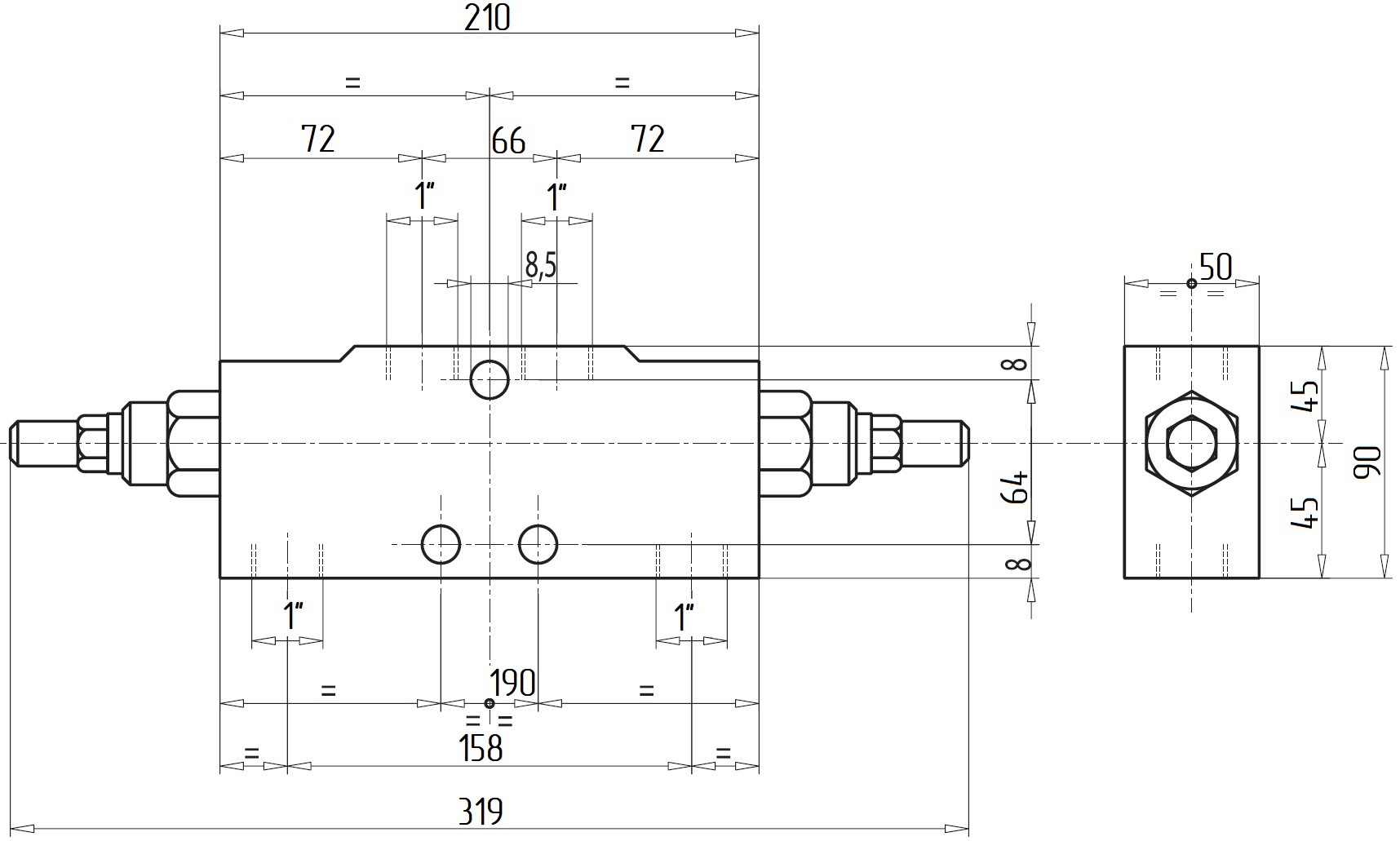 Габаритные размеры V0436-VBCD 1 DE/A Подпорно-тормозной клапан двусторонний