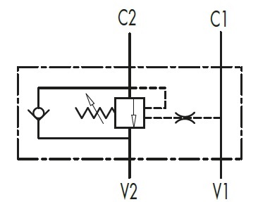 Гидравлическая схема обозначения V0410-VBCD 1/2 SE - Тормозной клапан гидравлический, односторонний, G1/2" BSP, 1:3.1, 50 л/мин, 350 бар.