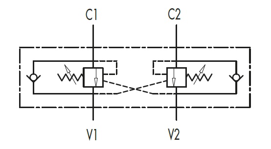 Гидравлическая схема обозначения V0418-VBCD 1/4 DE/A Подпорно-тормозной клапан двусторонний