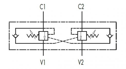 Гидравлическая схема обозначения V0420/RP18-VBCD 3/8 DE RP 1:8 Подпорно-тормозной клапан двусторонний