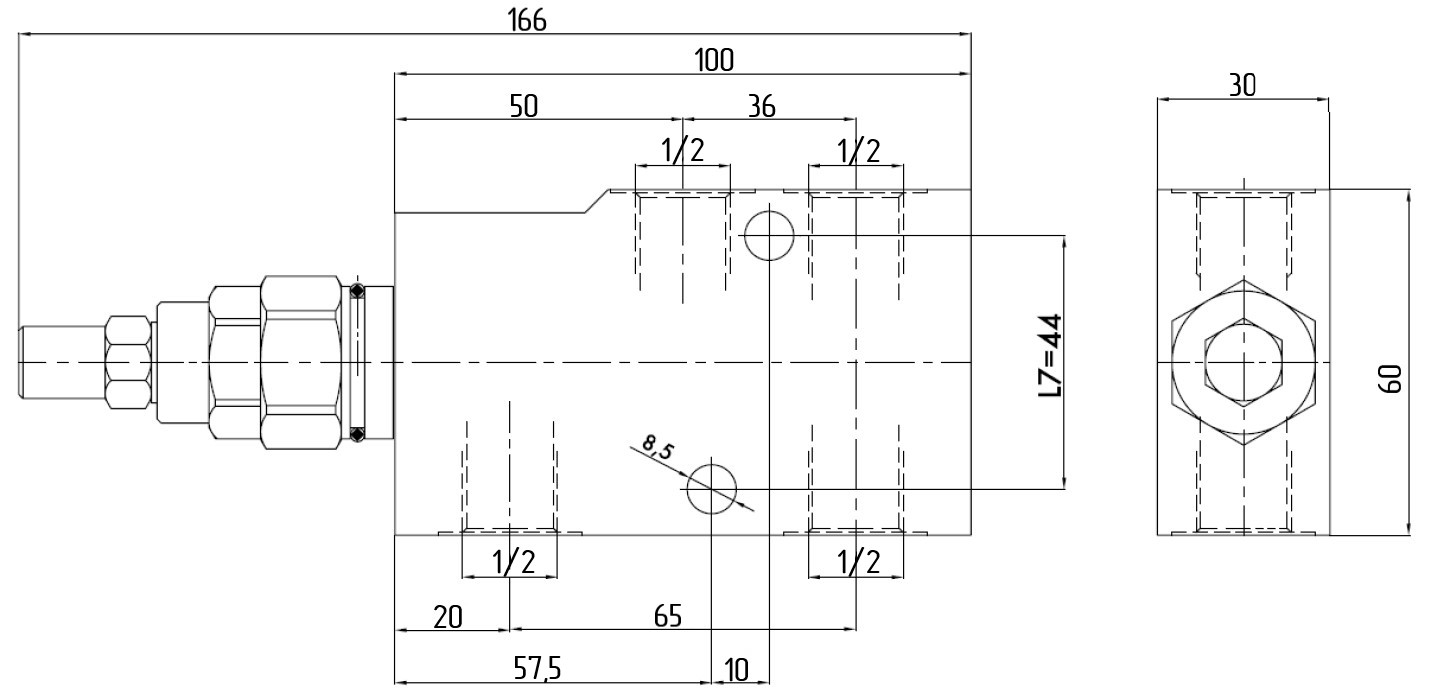 V0393-VBCD 1/2 SE-A CC - Тормозной клапан гидравлический, односторонний, G1/2" BSP, 1:4.5, 60 л/мин, 350 бар