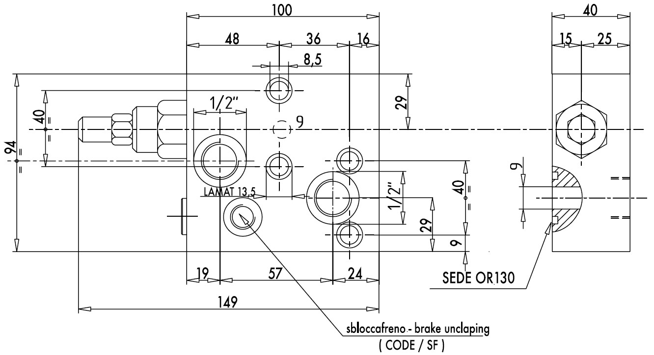 V0415-VBCDF 1/2 SE OMP-OMR — Подпорно-тормозной клапан, односторонний, G1/2" BSP, 1:4.5, 50 л/мин, 350 бар. 