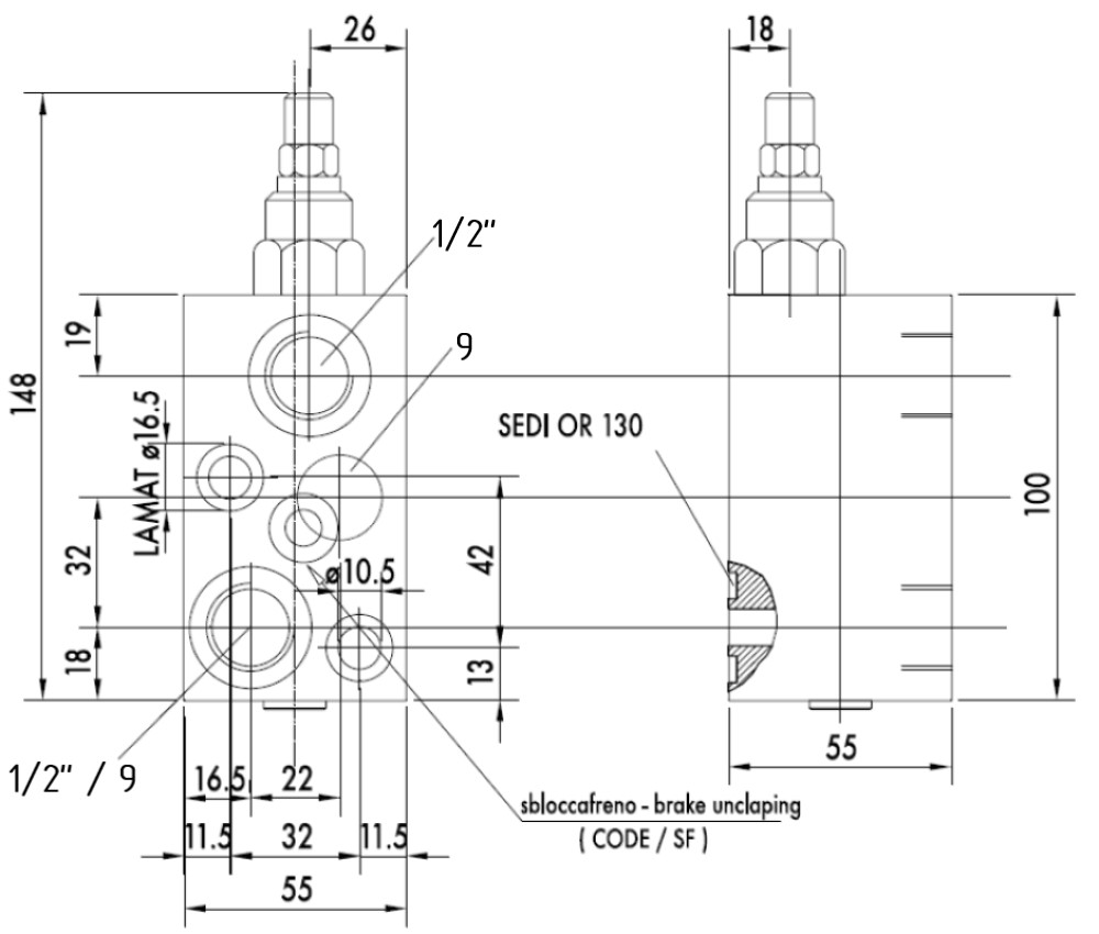 V0416-VBCDF 1/2 SE OMS SF — Подпорно-тормозной клапан, односторонний, G1/2" BSP, 1:4.5, 50 л/мин, 350 бар.