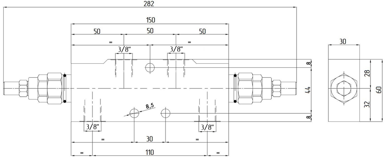 Габаритные размеры V0421 VBCD 3/8“ DE-A CC Подпорно-тормозной клапан двусторонний