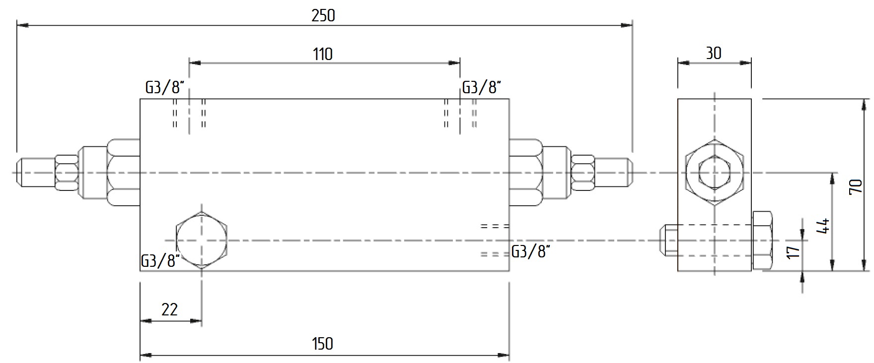 Габаритные размеры V0422/FLV-VBCD 3/8 DE/A FLV Подпорно-тормозной клапан двусторонний