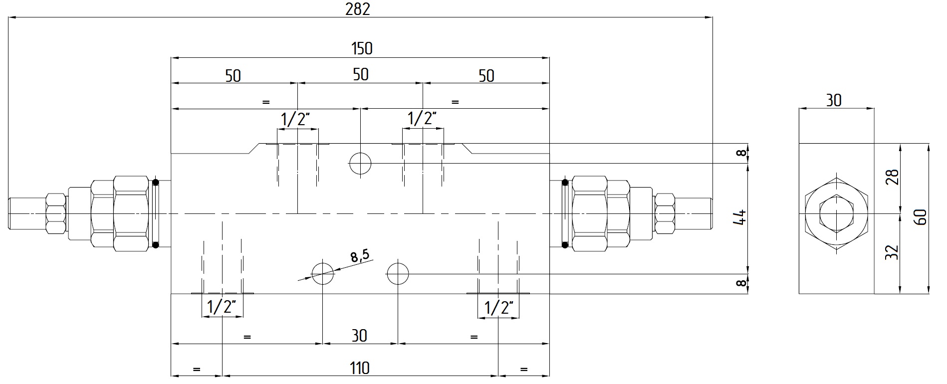 Габаритные размеры V0423 VBCD 1/2“ DE-A CC Подпорно-тормозной клапан двусторонний