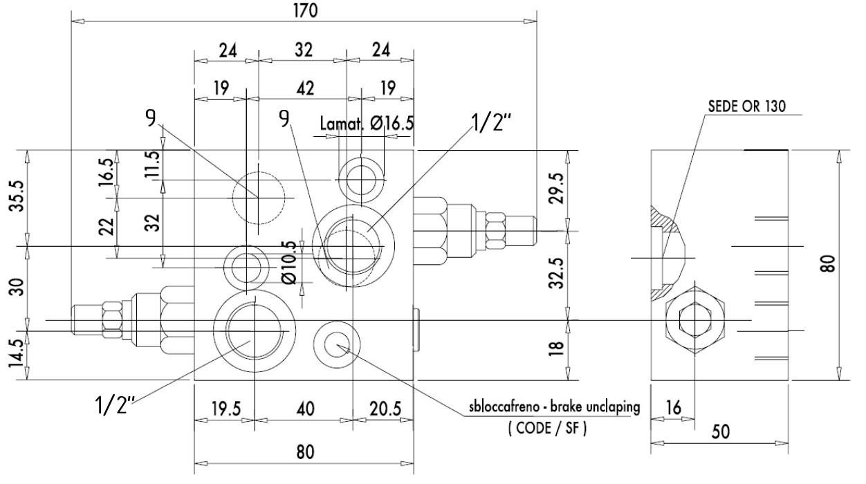 V0426-VBCDF 1/2 DE OMS SF — Подпорно-тормозной клапан, двусторонний, G1/2" BSP, 1:4.5, 50 л/мин, 350 бар.