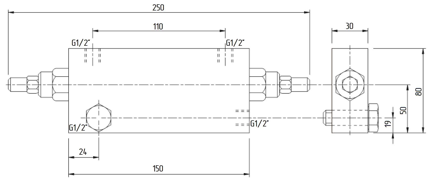 Габаритные размеры V0432/FLV-VBCD 1/2 DE/A FLV Подпорно-тормозной клапан двусторонний