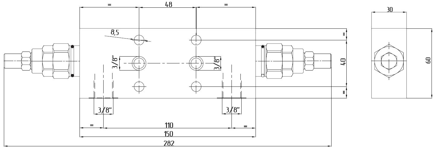 Габаритные размеры V0437 VBCD 1/2“ DE FL CC Подпорно-тормозной клапан двусторонний