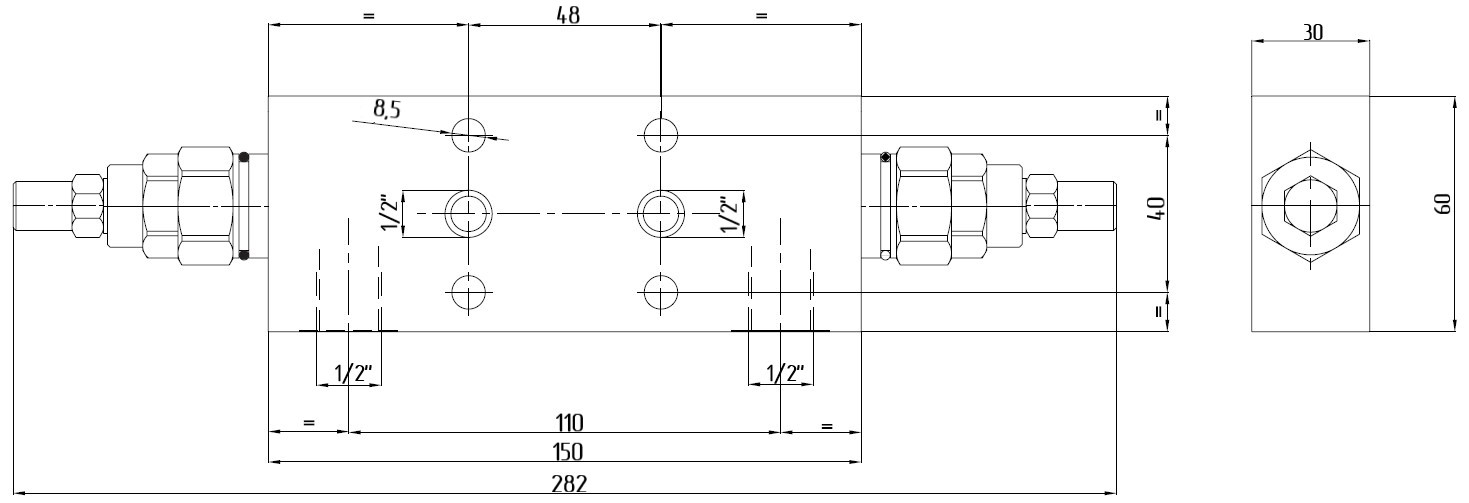 Габаритные размеры V0437 VBCD 1/2“ DE FL CC Подпорно-тормозной клапан двусторонний