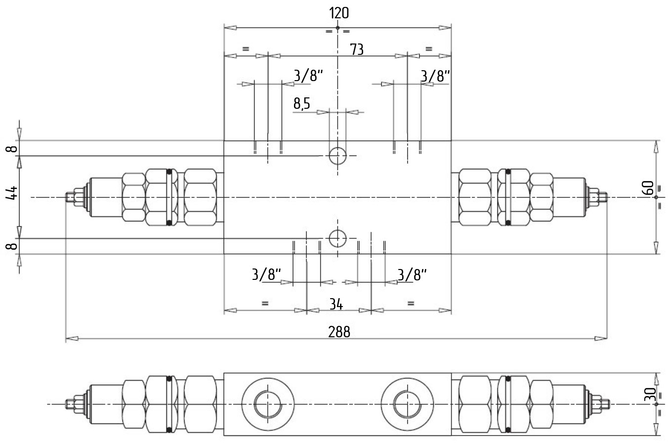 Габаритные размеры V0441 VBCD 3/8“ DE CC Подпорно-тормозной клапан двусторонний
