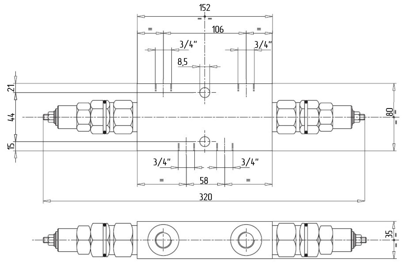Габаритные размеры V0443 VBCD 3/4“ DE CC Подпорно-тормозной клапан двусторонний