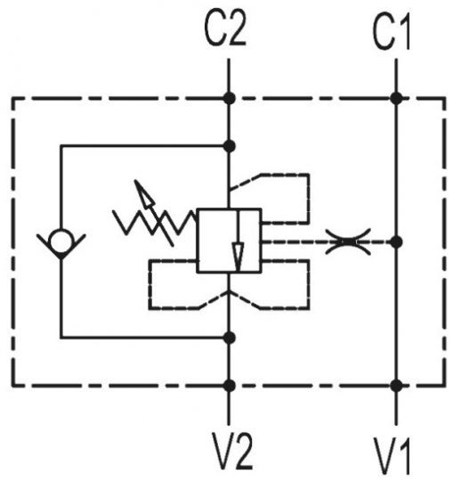 Гидравлическая схема обозначения V0391-VBCD 3/8 SE-A CC - Тормозной клапан гидравлический, односторонний, G3/8" BSP, 1:4.5, 40 л/мин, 350 бар