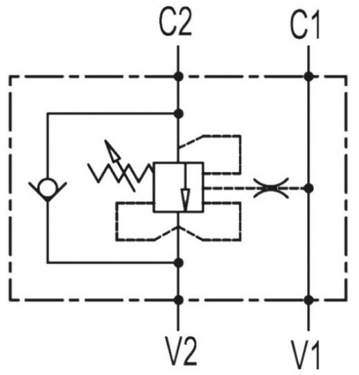 Гидравлическая схема обозначения V0393-VBCD 1/2 SE-A CC - Тормозной клапан гидравлический, односторонний, G1/2" BSP, 1:4.5, 60 л/мин, 350 бар