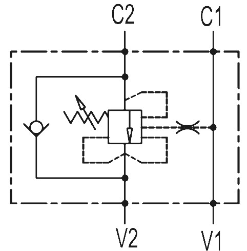 Гидравлическая схема обозначения V0403-VBCD 3/8 SE FL CC - Тормозной клапан гидравлический, односторонний, G3/8" BSP, 1:4.5, 40 л/мин, 350 бар.