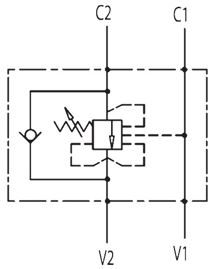 Гидравлическая схема обозначения V0408-VBCD 1/2 SE CC - Подпорно-тормозной клапан односторонний, для распределителя с закрытыми центрами, балансировочный, уравновешивающий