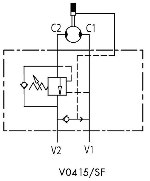 Гидравлическая схема обозначения V0415-VBCDF 1/2 SE OMP-OMR — Подпорно-тормозной клапан, односторонний, G1/2" BSP, 1:4.5, 50 л/мин, 350 бар.