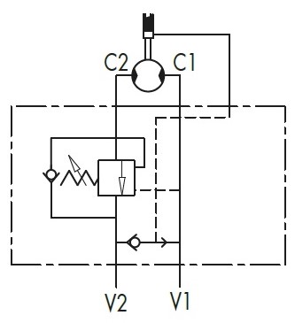 Гидравлическая схема обозначения V0416-VBCDF 1/2 SE OMS — Подпорно-тормозной клапан, односторонний, G1/2" BSP, 1:4.5, 50 л/мин, 350 бар.