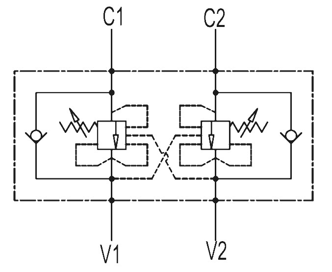 Гидравлическая схема обозначения V0421 VBCD 3/8“ DE-A CC Подпорно-тормозной клапан двусторонний
