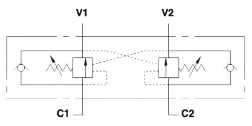 Гидравлическая схема обозначения V0422/FLV-VBCD 3/8 DE/A FLV Подпорно-тормозной клапан двусторонний