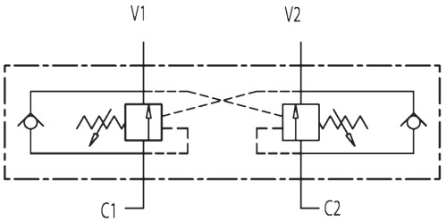 Гидравлическая схема обозначения V0424-VBCD 38 DE/FL Подпорно-тормозной клапан двусторонний