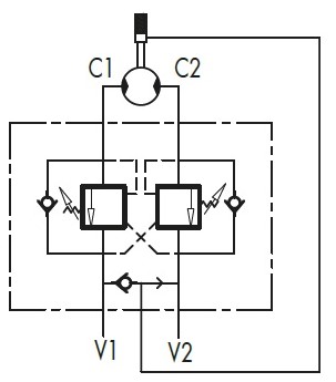 Гидравлическая схема обозначения V0426-VBCDF 1/2 DE OMS — Подпорно-тормозной клапан, двусторонний, G1/2" BSP, 1:4.5, 50 л/мин, 350 бар.
