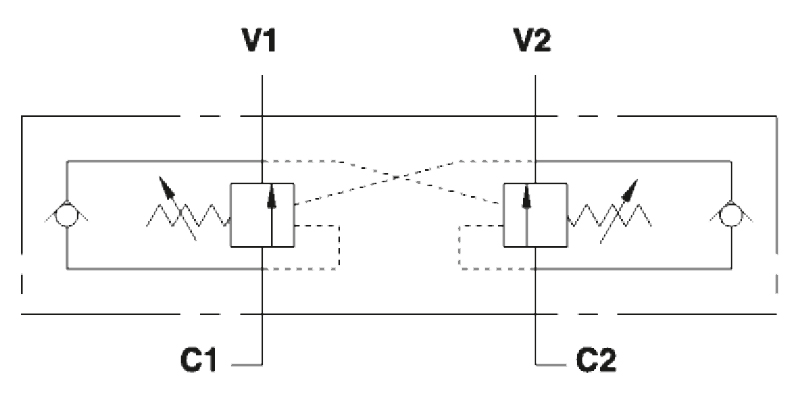 Гидравлическая схема обозначения V0432/FLV-VBCD 1/2 DE/A FLV Подпорно-тормозной клапан двусторонний