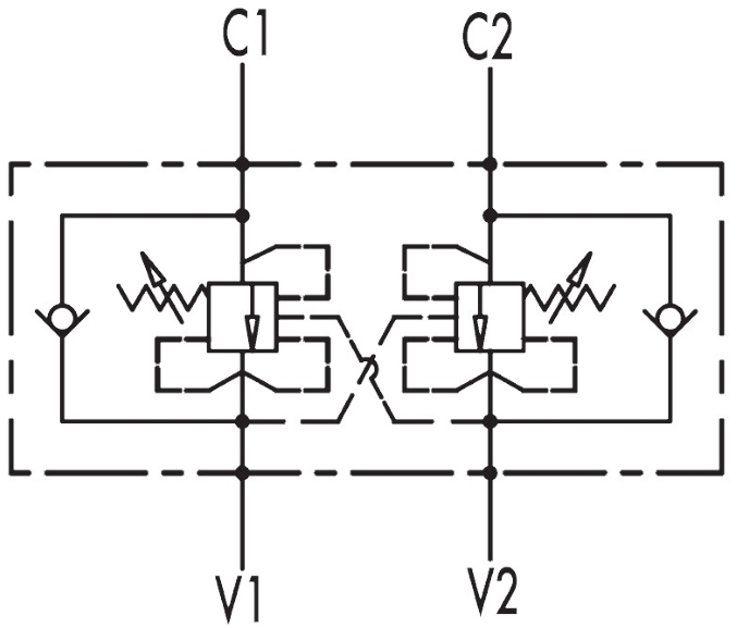 Гидравлическая схема обозначения V0433 VBCD 3/8“ DE FL CC Подпорно-тормозной клапан двусторонний