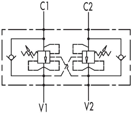 Гидравлическая схема обозначения V0437 VBCD 1/2“ DE FL CC Подпорно-тормозной клапан двусторонний