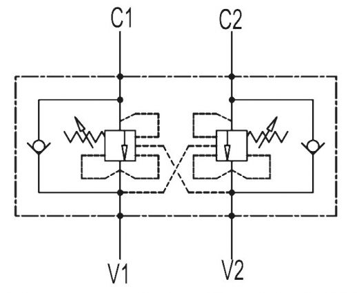 Гидравлическая схема обозначения V0441 VBCD 3/8“ DE CC Подпорно-тормозной клапан двусторонний