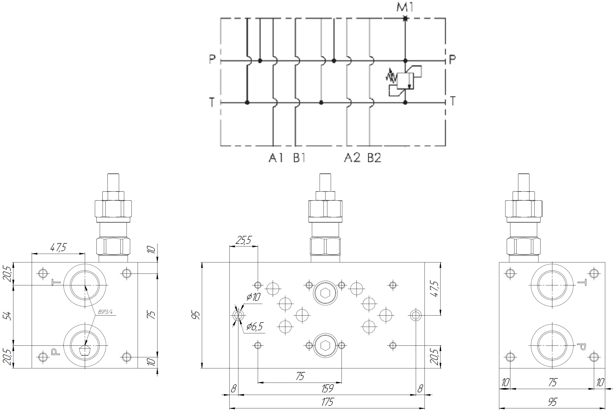 Габаритные размеры и гидравлическая схема BMA10P3L2X20
