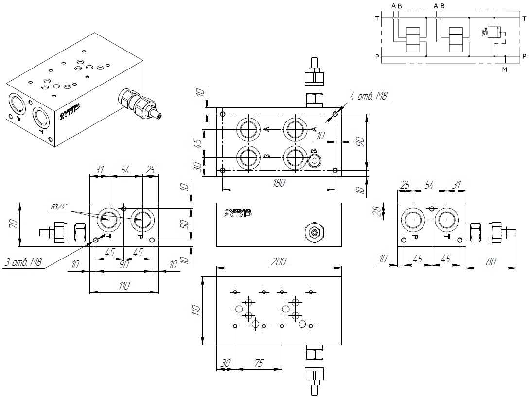 Габаритные размеры и схема EA-10-05-34-02-1-3-H - плита CETOP 5, 2 места