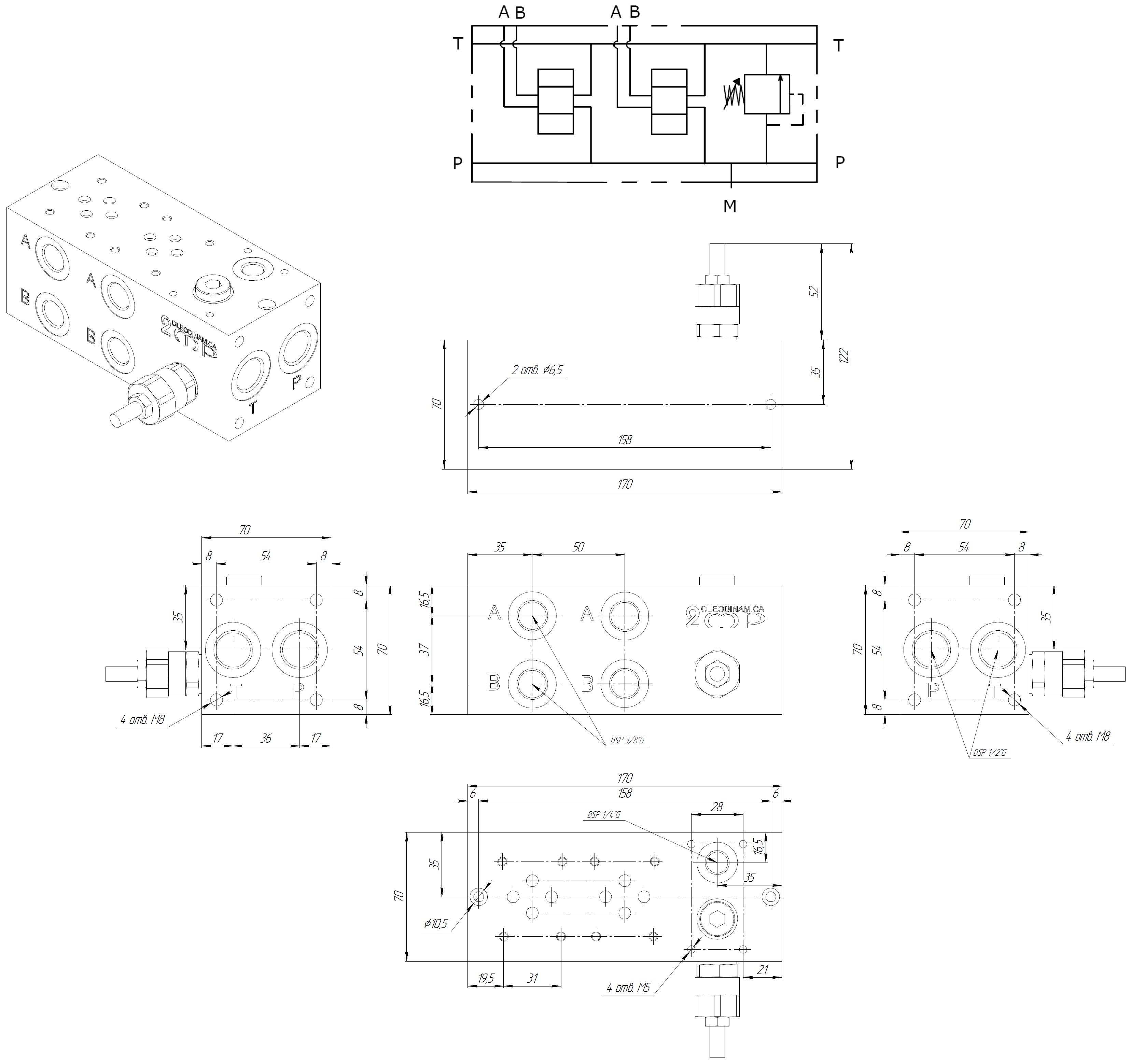Габаритные размеры и схема EA-06-21-38-02-1-3-H - плита CETOP 3, 2 места