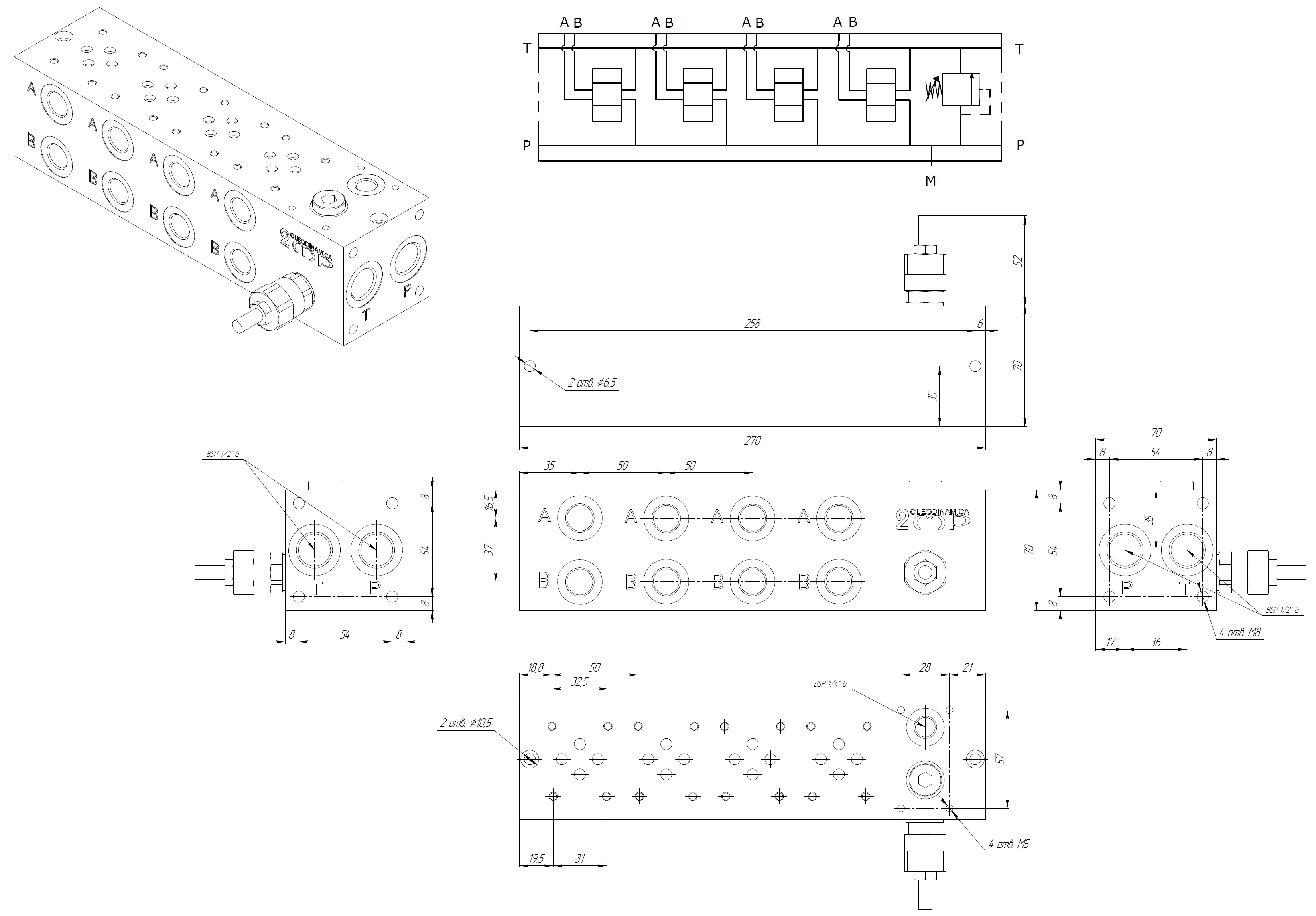 Габаритные размеры и схема EA-06-21-38-04-1-4-H - плита CETOP 3, 4 места