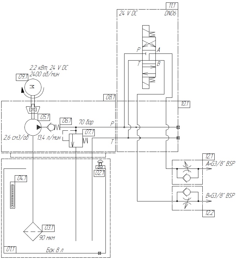Гидравлическая схема гидростанции GP2.2/24-UA2.6/8-24(В)