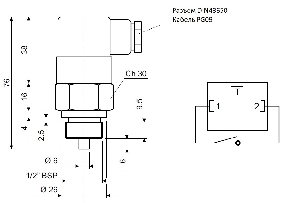 Габаритные размеры и схема подключения, T01 - термостат 