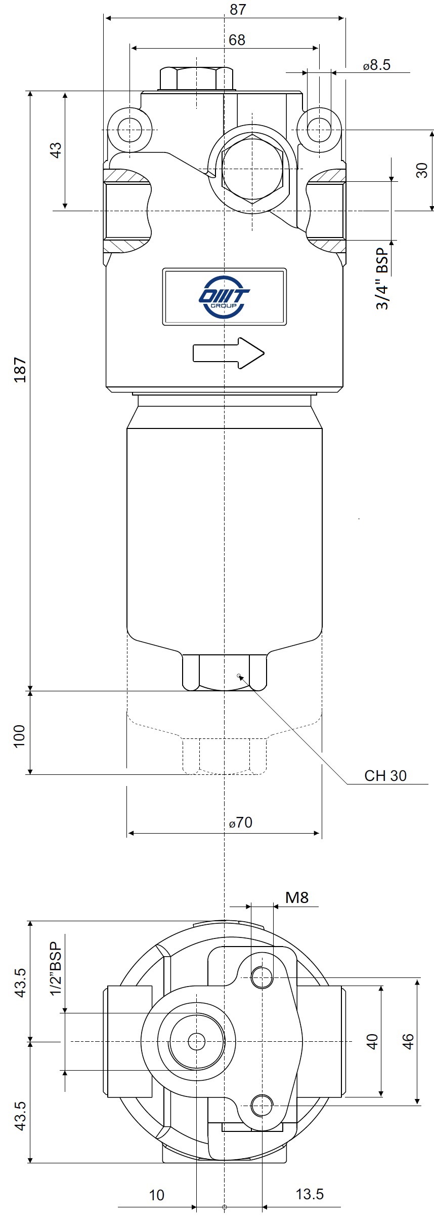 Габаритные и монтажные размеры напорного фильтра HMM281F10XNR1