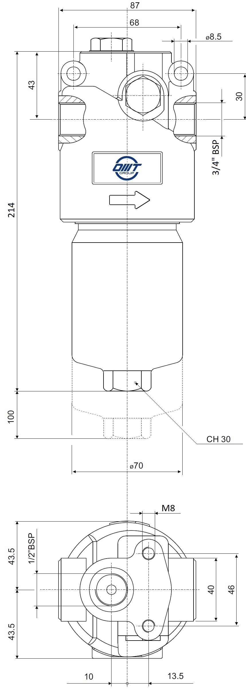 Габаритные и монтажные размеры напорного фильтра HMM282F06NR1