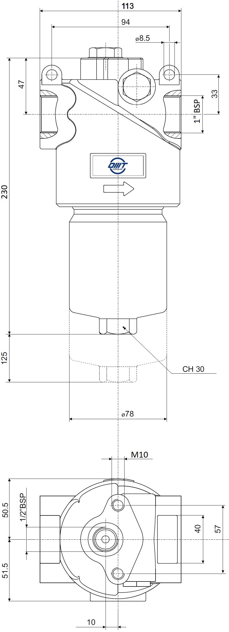 Габаритные и монтажные размеры напорного фильтра HMM421F06XNR1