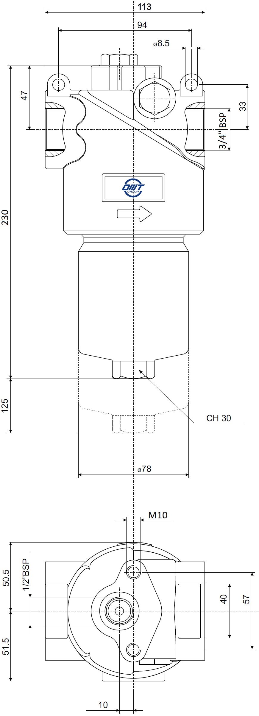 Габаритные и монтажные размеры напорного фильтра HMM421F10XNR