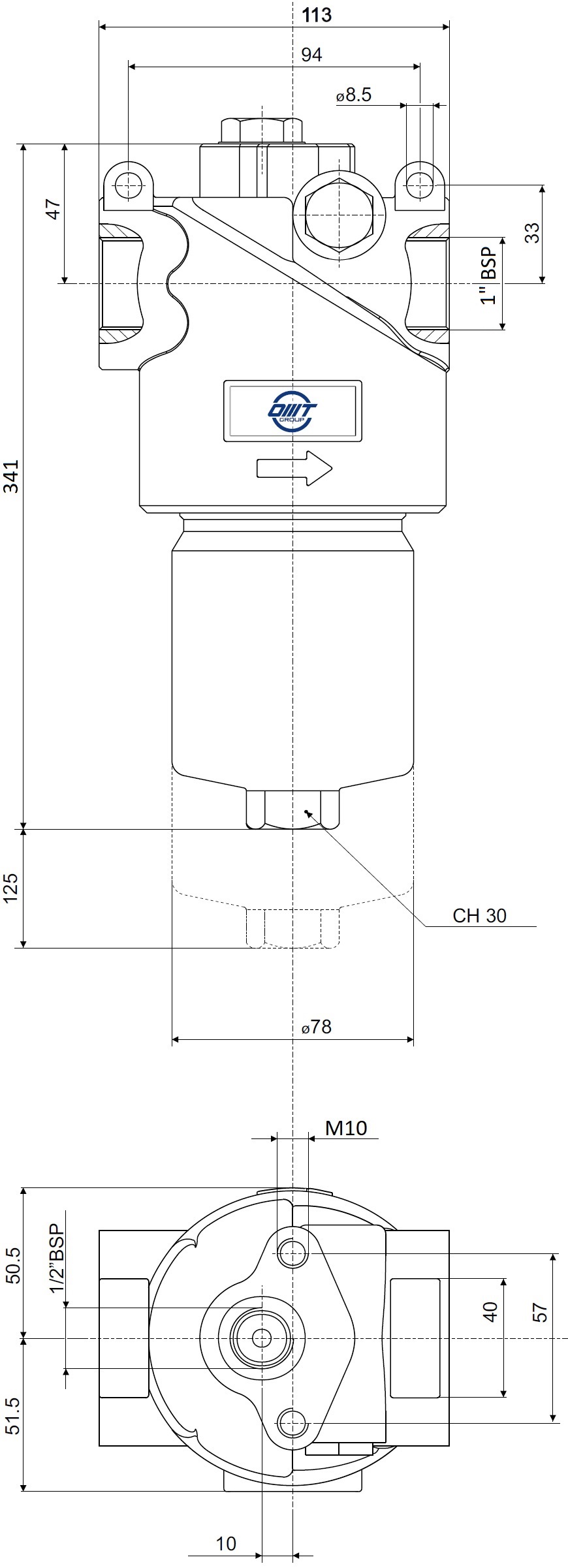 Габаритные и монтажные размеры напорного фильтра HMM422C10XNR1