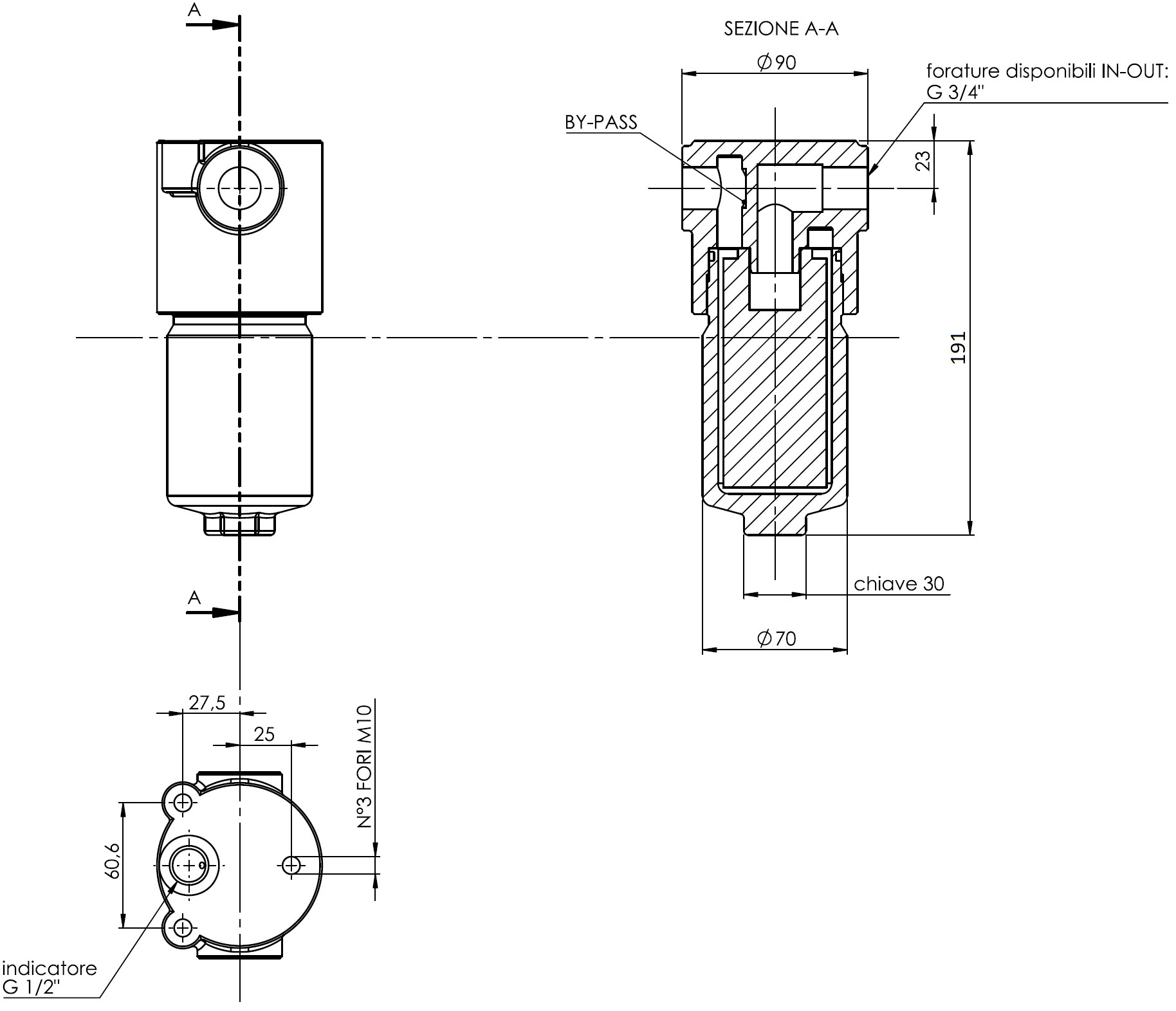 Габаритные и монтажные размеры напорного фильтра HMM423C10XNR1