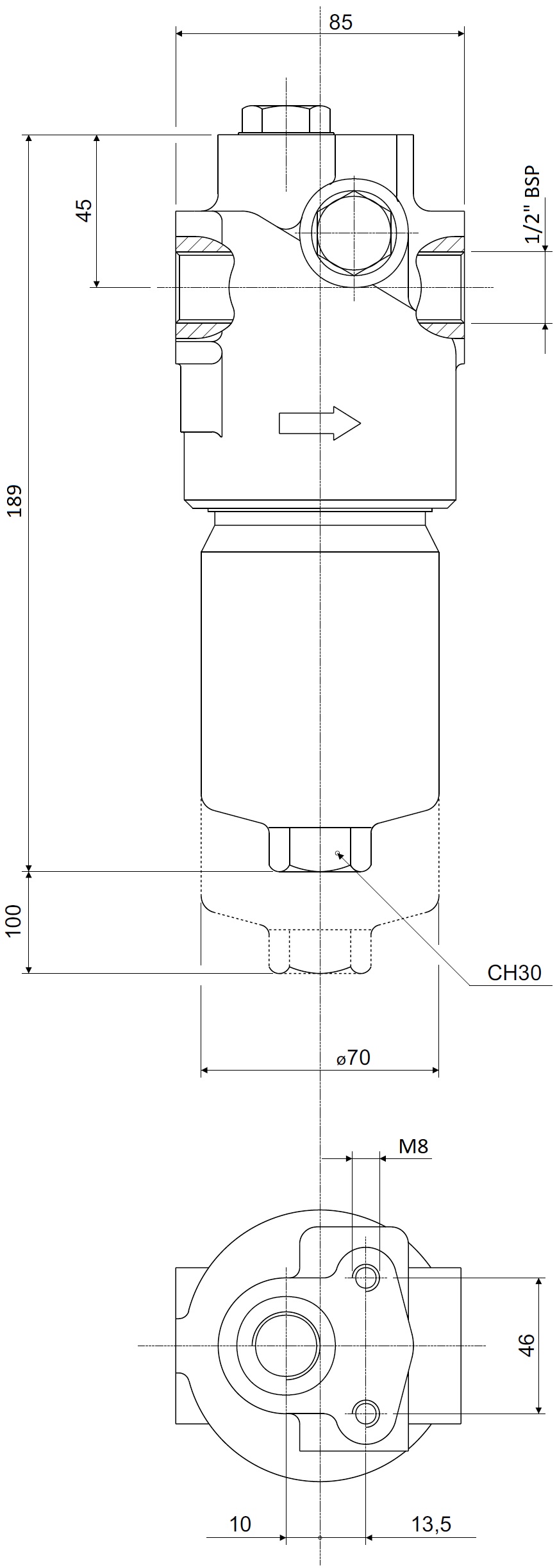 Габаритные и монтажные размеры напорного фильтра HPM281C10XNR