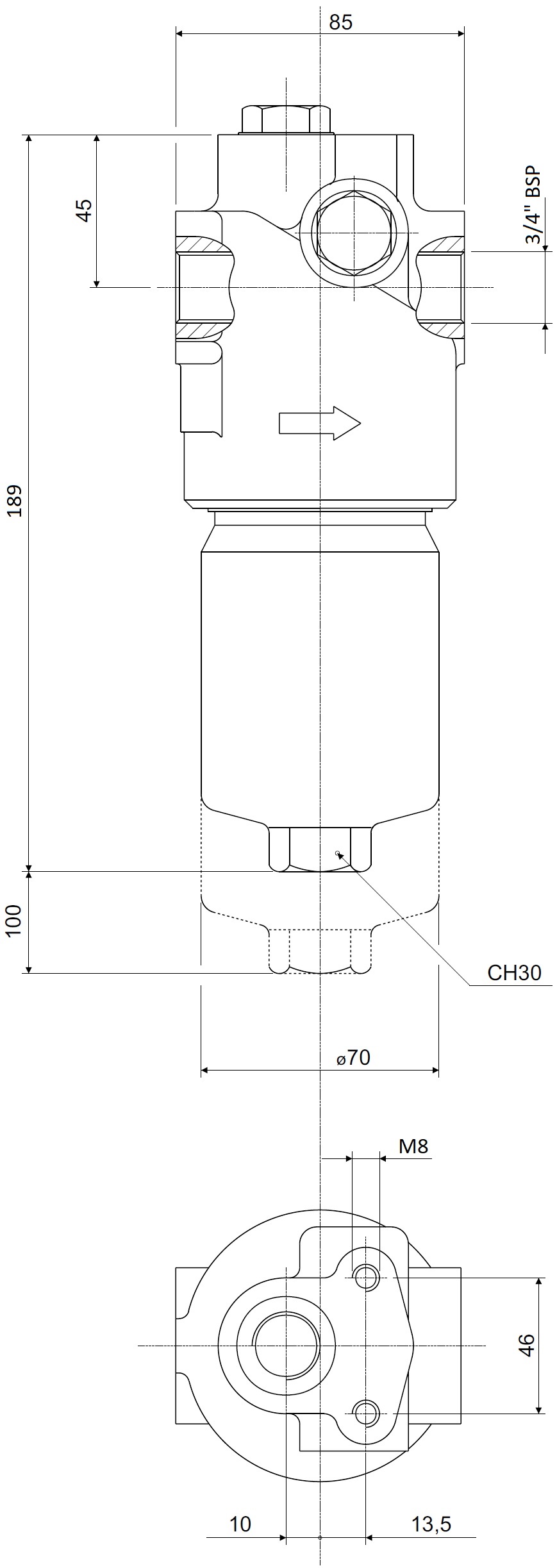 Габаритные и монтажные размеры напорного фильтра HPM281C10XNR1