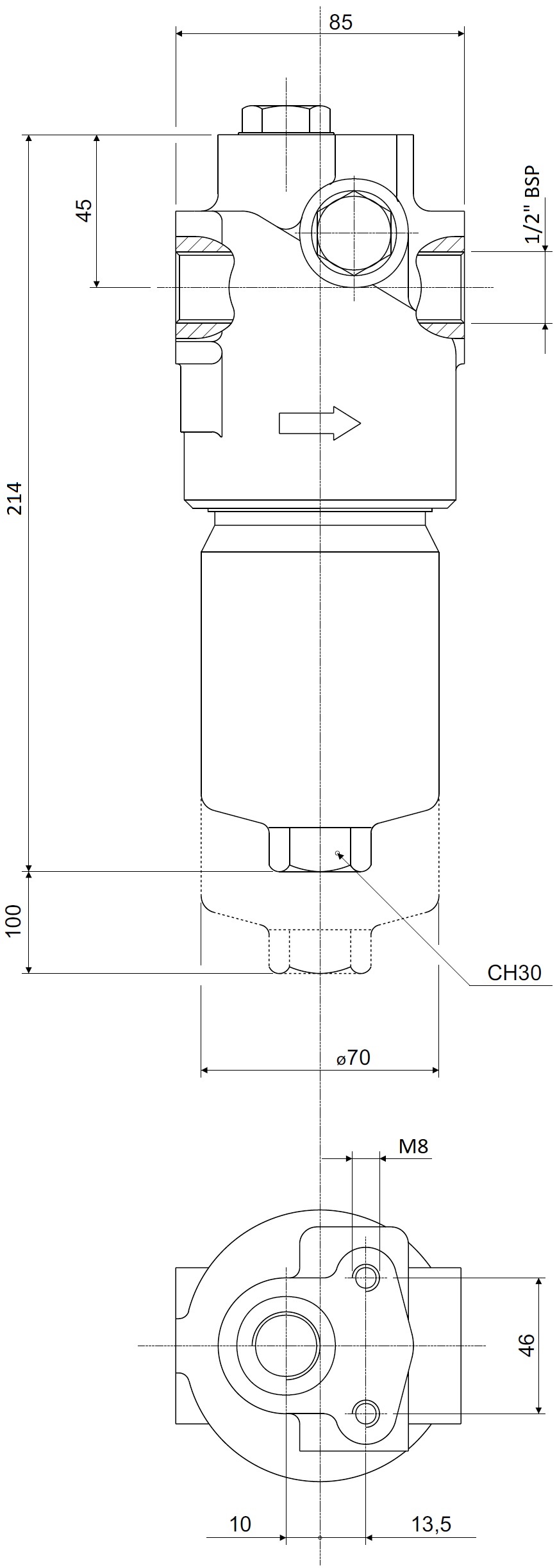 Габаритные и монтажные размеры напорного фильтра HPM282C10XNR